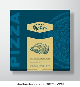 Pizza with Seafood Oysters Realistic Cardboard Box Mockup. Abstract Vector Packaging Design or Label. Modern Typography, Sketch Food and Color Paper Background Layout. Isolated.