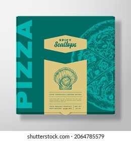 Pizza with Seafood Scallop Clam Realistic Cardboard Box Mockup. Abstract Vector Packaging Design or Label. Modern Typography, Sketch Food and Color Paper Background Layout. Isolated.