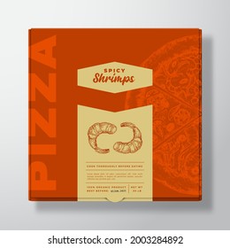 Pizza with Seafood Shrimps Realistic Cardboard Box Mockup. Abstract Vector Packaging Design or Label. Modern Typography, Sketch Food and Color Paper Background Layout. Isolated.