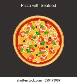 Pizza with Seafood. Vector flat illustration of pizza with ingredients.
