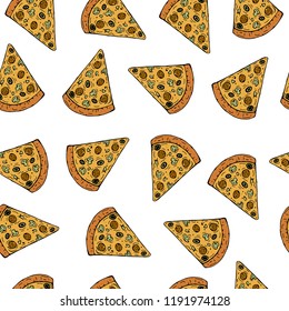 pizza seamless background. Hand drawing. Vector illustration with pizza pieces, for pizza packaging design.