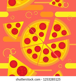 Pizza seamless background vector illustration.Drawing simple slice of pizza on orange pink color and geometric element background.Pepperoni fast food cartoon design concept.