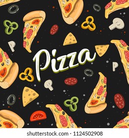 Pizza seamless banner pattern hand drawn vector illustration on black background. Pizza Doodles Food background with olive, pepper, mushroom and other food ingredients.
