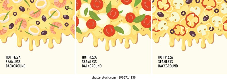 Pizza seamless frame set: pizza with seafood, with tomato and mozzarella, with champignons. Filling top view. Vector.