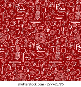 Pizza. Seamless hand drawn doodle pattern. Vector illustration for backgrounds, card, posters, banners, textile prints, cover, web design