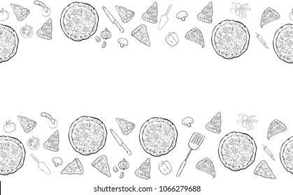 Pizza Seamless Horizontal Pattern. Pizzeria Background. Doodle Style. Hand drawn Template for your design works. Vector illustration.