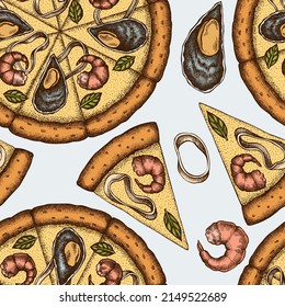Pizza seamless pattern background design. Engraved style. Hand drawn seafood pizza.