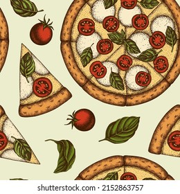 Pizza seamless pattern background design. Engraved style. Hand drawn pizza margherita, basil.