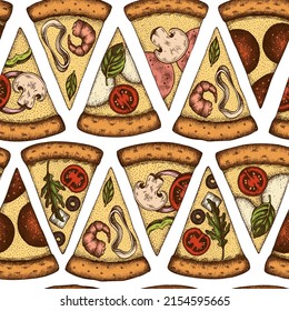 Pizza seamless pattern background design. Engraved style. Hand drawn greek, margherita, pepperoni, veggie, ham and mushrooms and seafood pizzas.