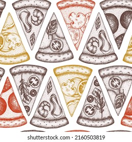 Pizza seamless pattern background design. Engraved style. Hand drawn greek, margherita, pepperoni, veggie, ham and mushrooms and seafood pizzas.