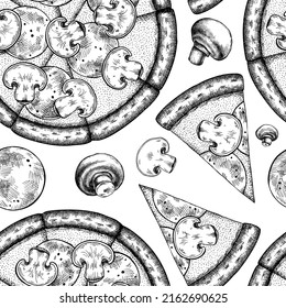 Pizza seamless pattern background design. Engraved style. Hand drawn pizza with ham and mushrooms, champignon.