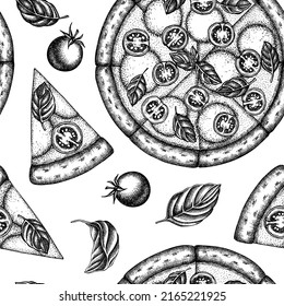 Pizza seamless pattern background design. Engraved style. Hand drawn pizza margherita, basil.