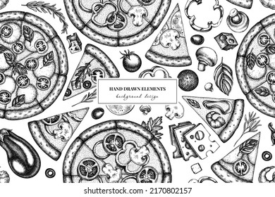 Pizza seamless pattern background design. Engraved style. Hand drawn greek, margherita, pepperoni, veggie, ham and mushrooms and seafood pizzas.