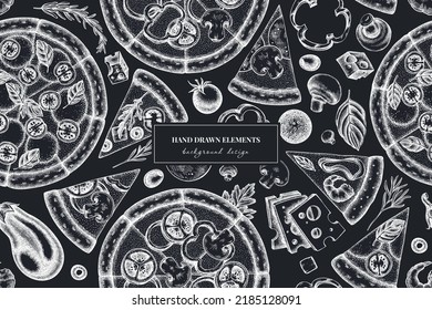 Pizza seamless pattern background design. Engraved style. Hand drawn greek, margherita, pepperoni, veggie, ham and mushrooms and seafood pizzas.