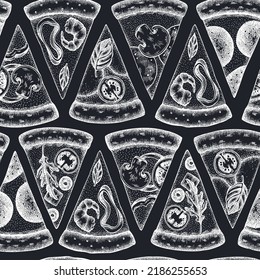 Pizza seamless pattern background design. Engraved style. Hand drawn greek, margherita, pepperoni, veggie, ham and mushrooms and seafood pizzas.