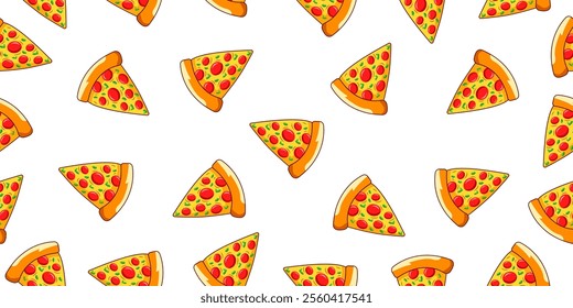 Pizza seamless pattern background. Fast food delicious pizza slice cartoon seamless vector repeat pattern