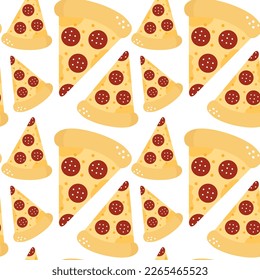 Pizza seamless pattern in cartoon style pepperoni. Fast food wrapping texture concept.