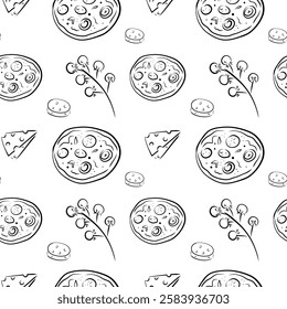Pizza Seamless Pattern, Cheese, Tomatoes, vector pattern