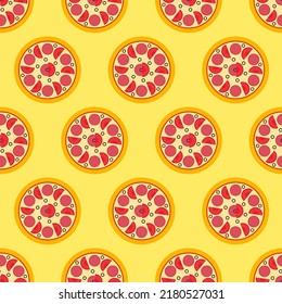 Pizza seamless pattern. Colored pizza icon on yellow background . Fast food icon in flat design. Modern design for print on wrapping paper, wallpaper, fabric, packing. Vector illustration