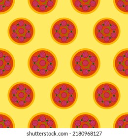 Patrón sin fisuras de pizza. Icono de pizza de color con fondo amarillo. Icono de comida rápida en diseño plano. Diseño moderno para impresión en papel envolvente, papel pintado, tela, embalaje. Ilustración del vector