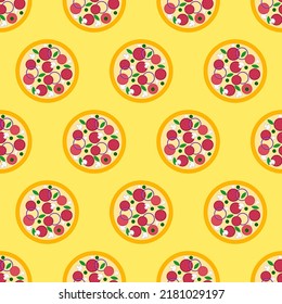 Pizzas nahtloses Muster. Farbige Pizza auf gelbem Hintergrund . Fast Food Ikone in flachem Design. Modernes Design für den Druck auf Wickelpapier, Tapete, Stoff, Verpackung. Vektorgrafik