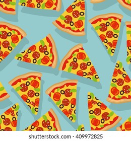 Pizza seamless pattern. Delicious slice of pizza background. Traditional Italian food ornament. Texture of fabric for children. Fresh ingredients sausage and tomatoes. Greens and olives
