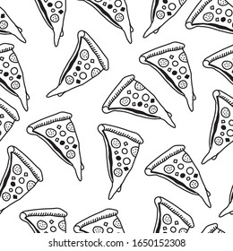 Pizza seamless pattern. Delicious pizza slices with melted cheese sketch. Modern hand drawn vector illustration, doodle style. Fast food concept. Menu or banner design