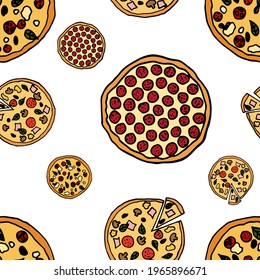 Pizza seamless pattern. Design sketch element for menu cafe, bistro, restaurant, bakery, packaging and other things.  Vector illustration.