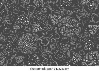 Pizza Seamless Pattern. Doodles icons on the dark grey background