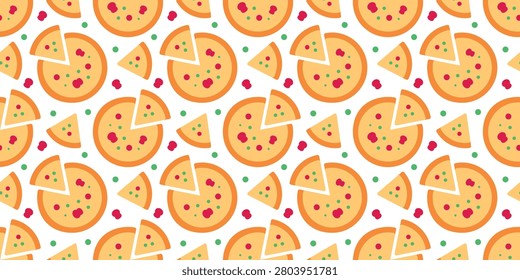 Pizza seamless pattern flat background with repeating food elements, clean modern design for packaging, wrapping paper, textile, wallpaper, menu, web, branding, and print, pattern with white background
