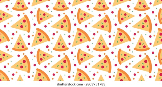Pizza seamless pattern flat background with repeating food elements, clean modern design for packaging, wrapping paper, textile, wallpaper, menu, web, branding, and print, pattern with white background