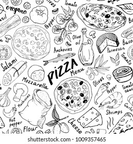 Pizza seamless pattern hand drawn sketch. Pizza Doodles Food background with flour and other food ingredients, oven and kitchen tools. Vector illustration.