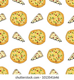 Pizza seamless pattern hand drawn sketch. Whole pizza and slice doodles Food background. Vector illustration.