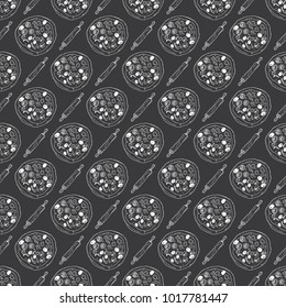 Pizza seamless pattern hand drawn sketch. Pizza doodles and rolling pin, Food background. Vector illustration.