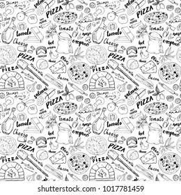 Pizza seamless pattern hand drawn sketch. Pizza Doodles Food background with flour and other food ingredients, oven and kitchen tools. Vector illustration.
