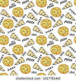 Pizza seamless pattern hand drawn sketch. Pizza slice doodles and words pizza love Food background. Vector illustration.