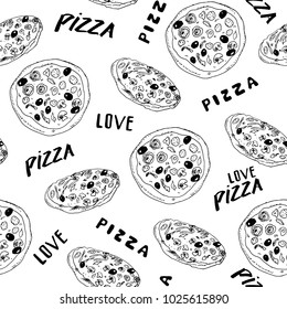 Pizza seamless pattern hand drawn sketch. Pizza slice doodles and words pizza love Food background. Vector illustration.