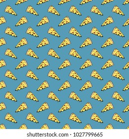 Pizza seamless pattern hand drawn sketch. Whole pizza and slice doodles Food background. Vector illustration.