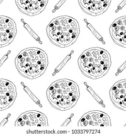 Pizza seamless pattern hand drawn sketch. Pizza doodles and rolling pin, Food background. Vector illustration.