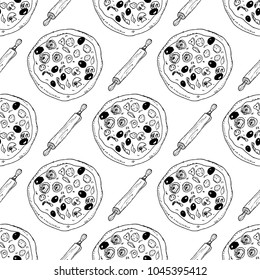 Pizza seamless pattern hand drawn sketch. Pizza doodles and rolling pin, Food background. Vector illustration.