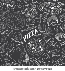 Pizza seamless pattern hand drawn sketch. Pizza Doodles Food background with flour and other food ingredients, oven and kitchen tools. Vector illustration.