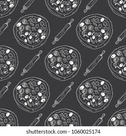 Pizza seamless pattern hand drawn sketch. Pizza doodles and rolling pin, Food background. Vector illustration.