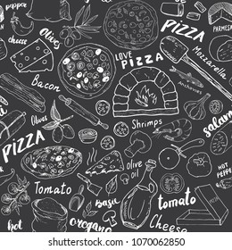 Pizza seamless pattern hand drawn sketch. Pizza Doodles Food background with flour and other food ingredients, oven and kitchen tools. Vector illustration.