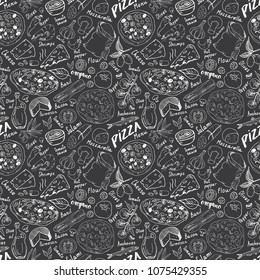 Pizza seamless pattern hand drawn sketch. Pizza Doodles Food background with flour and other food ingredients, oven and kitchen tools. Vector illustration.