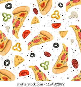 Pizza seamless pattern hand drawn vector illustration on white background. Pizza Doodles Food background with olive, pepper, mushroom and other food ingredients.
