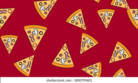 Pizza seamless pattern hand drawn vector illustration on black background. Pizza Doodles Food background with olive, pepper, mushroom and other food ingredients.