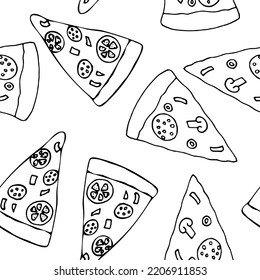 pizza seamless pattern hand drawn in doodle style. Suitable for menu, packaging, wrapping paper, wallpaper, background, textile, digital paper. 