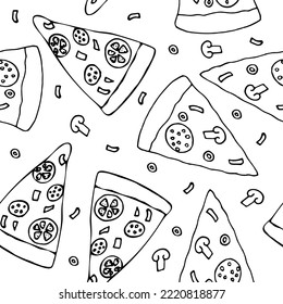 pizza seamless pattern hand drawn in doodle style. Suitable for menu, packaging, wrapping paper, wallpaper, background, textile, digital paper. 