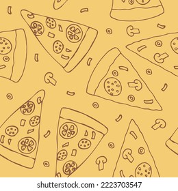 pizza seamless pattern hand drawn in doodle style. Suitable for menu, packaging, wrapping paper, wallpaper, background, textile, digital paper. 
