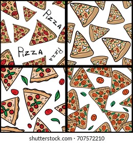 Pizza seamless pattern in hand drawn doodle style for pizzeria, menu and creative design. Vector illustration.